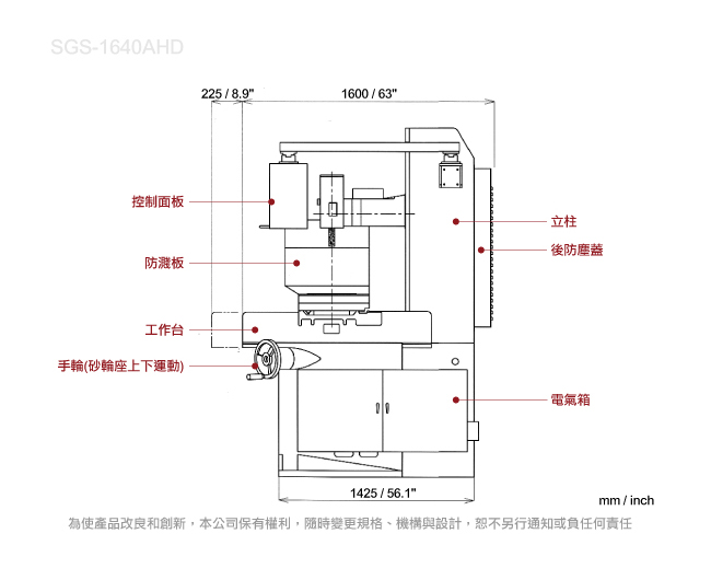 傳統橫式平面磨床 SGS-1640(側結構圖)