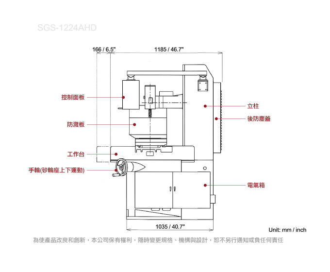 傳統橫式平面磨床 SGS-1224(側結構圖)