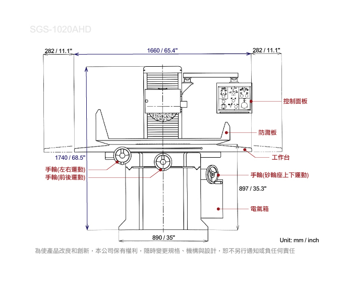 傳統橫式平面磨床 SGS-1020(正面結構圖)