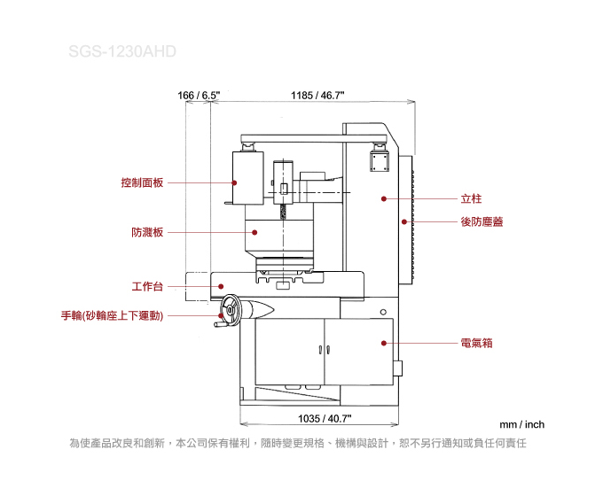 傳統橫式平面磨床 SGS-1230(側結構圖)