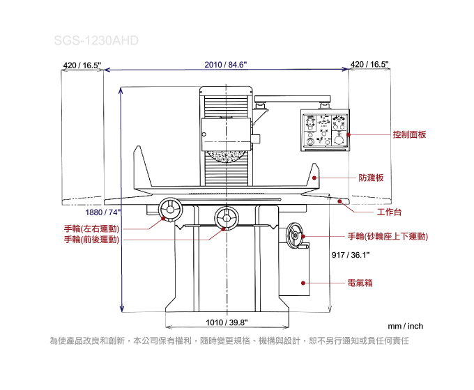 傳統橫式平面磨床 SGS-1230(正面結構圖)