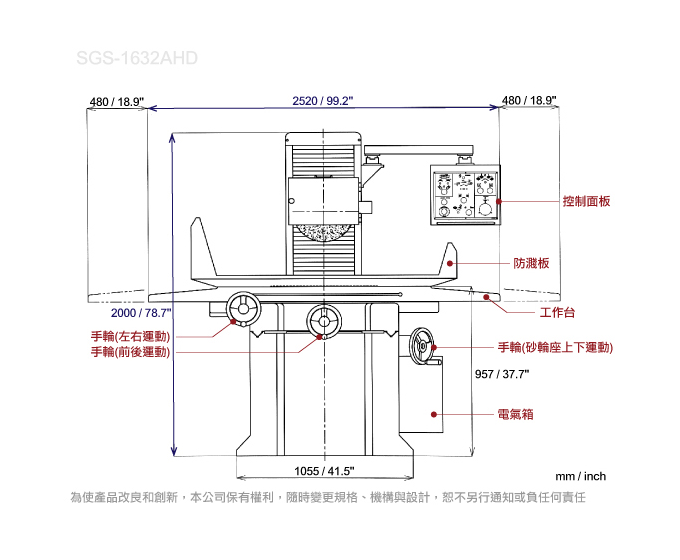 傳統橫式平面磨床 SGS-1632(正面結構圖)