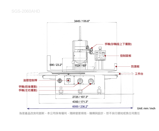 傳統橫式平面磨床 SGS-2060 AHD (正結構圖)